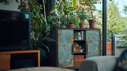 Vintage Cabinet Surrounded by Lush Greenery