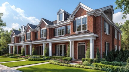 townhouse with a red brick exterior, white trim, and finely detailed door and windows