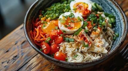A bowl of ramen noodles with chicken, tomatoes, cucumber, corn, green onions, and eggs.