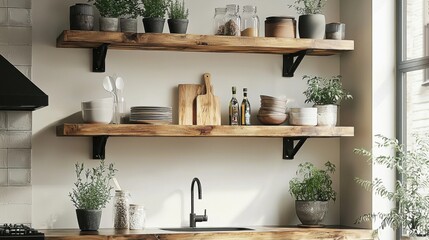 Modern Kitchen Shelves with Plants and Tableware