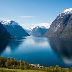 Naklejka premium The Awe-Inspiring Fjords of Norway, With Their Deep Blue Waters, Towering Cliffs, and Snow-Capped Mountains, Showcasing the Natural Beauty and Untouched Landscapes of Scandinavia’s Rugged Terrain