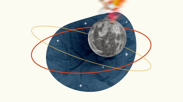 Motion trend art collage video of astonished man speak phone hold coffee cup ride spaceship rocket startup planet