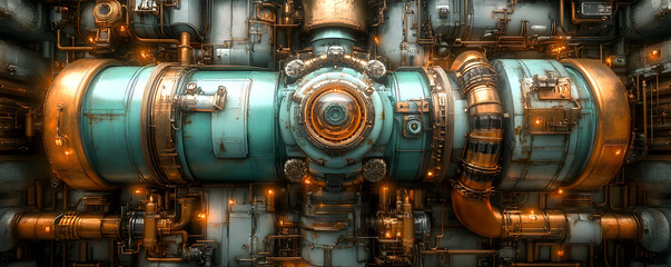 Obraz premium A Detailed 3D Illustration of a Futuristic Machine with Intricate Piping and Glowing Components