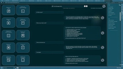 AI LLM chatbot software interface showing virtual assistant answering user prompts using predictive technology. Large language model program UI communicating with user through artificial intelligence