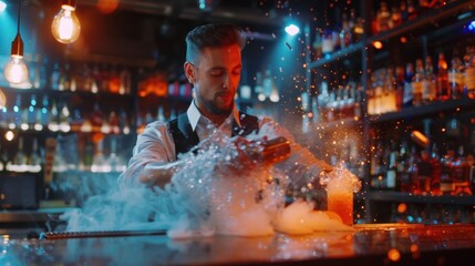 The magician demonstrates advanced bartending techniques such as spinning and juggling bottles while creating mocktails at lightning speed.