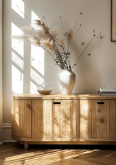 Modern Light Wood Sideboard with Parquet Against White Wall in Cozy Coastal Bedroom