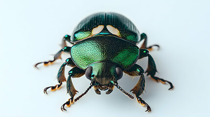 Naklejka premium Close-up of a Vibrant Green Beetle with Detailed Texture and Iridescent Shell against a White Background, showcasing its multifaceted eyes and intricate leg structure.