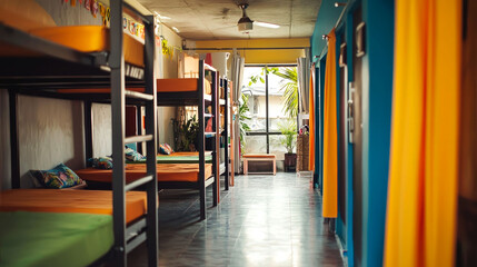 Fototapeta premium Colorful hostel dormitory with bunk beds and curtains.