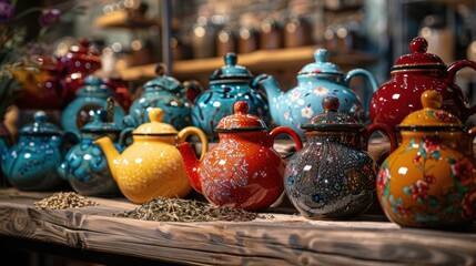 A collection of colorful teapots filled with different herbal blends displayed on a rustic wooden shelf.