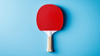 Isolated table tennis paddle, red and white color contrast, blue background, clean composition