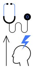Stethoscope and brain outline with lightning bolt and upward arrow. Ideal for health, medical research, neurology, mental health, innovation, progress, awareness. Line metaphor