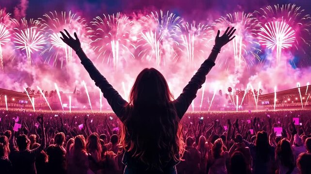 Vibrant fireworks over joyful concert crowd at nighttime celebration