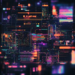 Futuristic neon cyberpunk grid with digital data visualization abstract