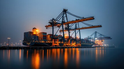 Obraz premium Container ship unloading sprawling port industrial scene twilight environment wide-angle view maritime logistics