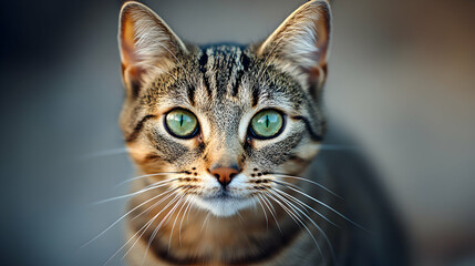 A Close-Up Photo of a Tabby Cat with Bright Green Eyes, Gazing Directly at the Camera,  Set Against a Blurred Background.