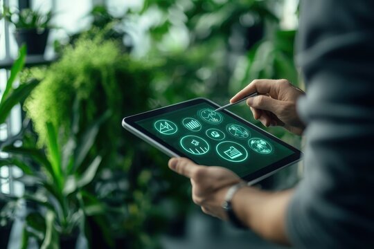 Financial advisor analyzing green stocks urban garden digital interface eco-friendly environment close-up view sustainable investing