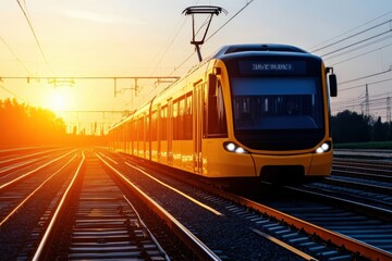 A vibrant yellow train travels along the tracks at sunset, casting a warm glow over the scene while signaling the end of the day.