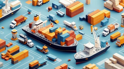 Obraz premium Cargo shipping operations port city digital illustration busy environment aerial view logistics concept