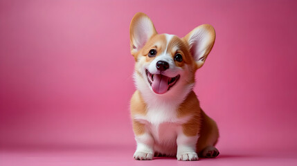 Adorable Happy Puppy Poses Against Pink Background, Studio Shot