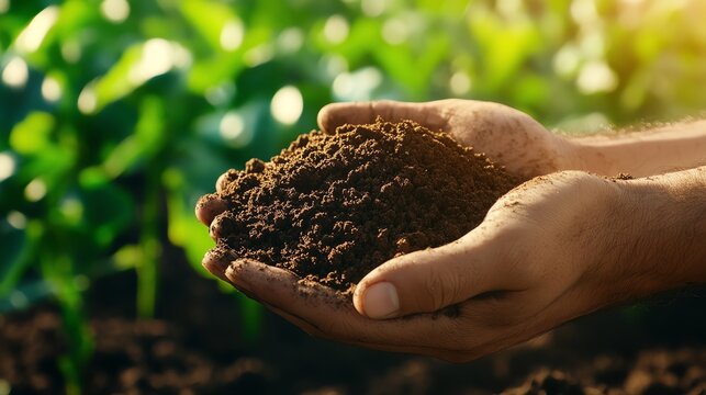 Hands holding rich soil in a field.