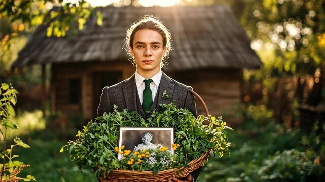 Portrait of a young man holding basket of flowers with vintage photo in garden setting