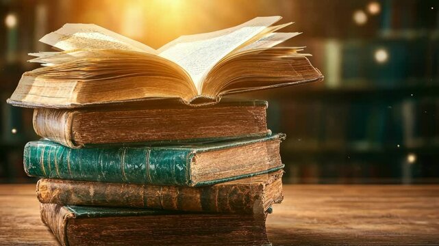 Vintage books illuminated by warm light in a cozy library setting