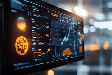 Innovative energy data analysis modern office digital interface high-tech environment close-up view renewable insights