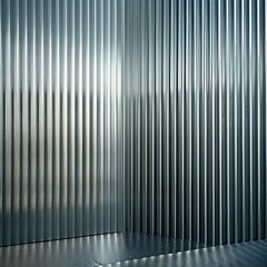 Obraz premium Reeded Glass. Silver, Chrome Colors. Modern mirror effect on minimal interior for presentation. Gray Ribbed Background. Decorative background with copy space for bath display.