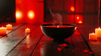 Warm candlelit ambiance with steaming bowl on rustic wooden table