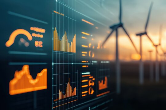 Futuristic stock market visualization wind farm data analysis energy sector close-up renewable trends
