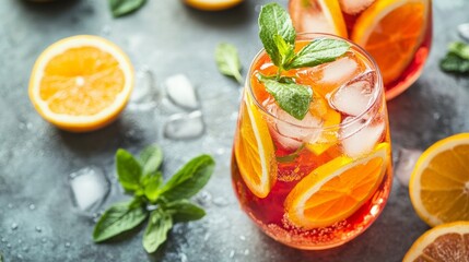 Fototapeta premium Refreshing orange drink with mint and ice on table
