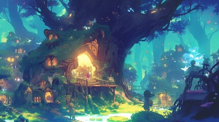 Obraz premium Buried deep within the lush enchanted forest lies an ancient academy where gifted fairies and woodland creatures gather to learn the secrets of nature magic.