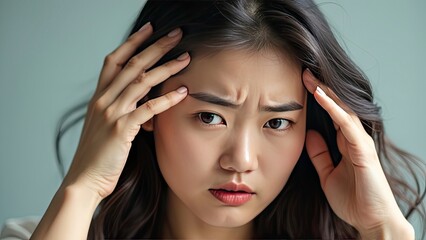 Fototapeta premium Young Woman with Headache, Pain, Stress, Tension, Mental Health Concept