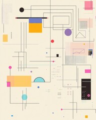Abstract geometric lines and shapes with colorful patterns on beige background
