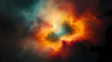 Fototapeta premium A vibrant nebula glows with red, orange, yellow, and green hues. Nebula. Illustration