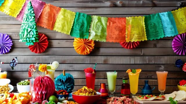 Vibrant Cinco de Mayo Celebration Setup with Pinatas, Papel Picado, and Traditional Mexican Food