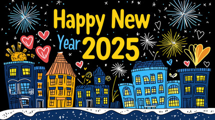Happy New Year 2025 card with colorful buildings and fireworks, celebrating joy and new beginnings