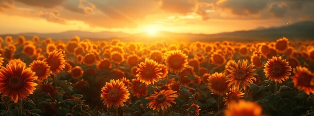 Sunset Glory Over Vibrant Sunflower Field