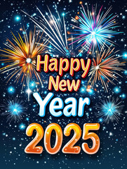 Happy New Year 2025 poster with colorful fireworks and cosmic theme, celebrating joy and excitement for upcoming year