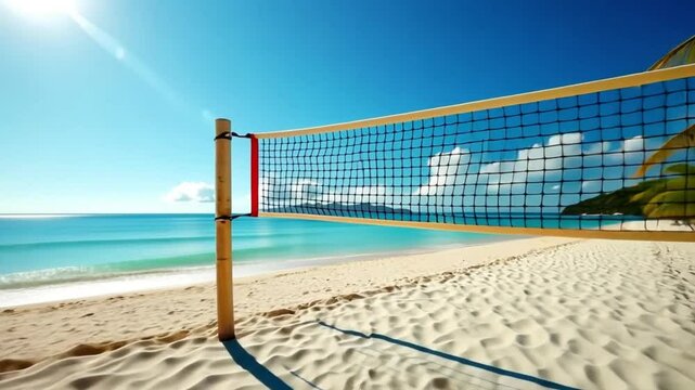 A volleyball court on a beach with waves in the distance and palm trees.