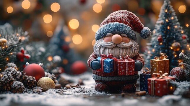 Christmas gnomes holding gifts, surrounded by snowflakes and Christmas trees.