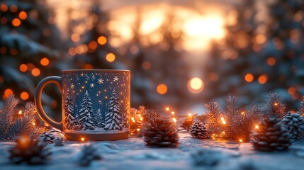 Christmas coffee mug featuring a beautiful snowy forest scene, with twinkling fairy lights and a full moon.