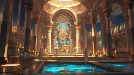 Obraz premium A grand castle its marble halls adorned with intricate meander patterns and alchemical symbols. In the depths of its dungeons lies a chamber where the rulers court alchemists work tirelessly