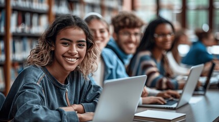 Obraz premium Happy female student using laptop in university library, preparing for exam, studying with books and technology