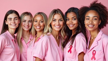 Group of diverse women wearing pink shirts with pink ribbons, symbolizing breast cancer awareness and support.