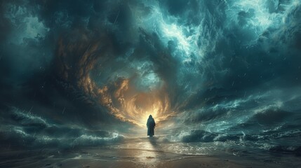 Jesus walking on water during a stormy night with glowing light, path to heaven or hell