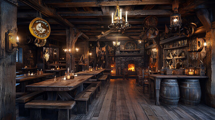 Obraz premium pirate, hideout, entrance, exterior, cool, suspicious, atmosphere, friends, gathering, meal, illustration, art, cartoon, watercolor, night, street, lights, door, old, building, light, dark, urban