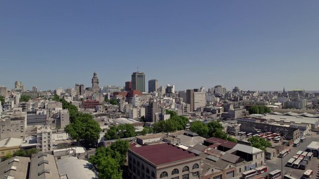 Rio Branco terminal of Montevideo city with buildings and sea in the background in Uruguay