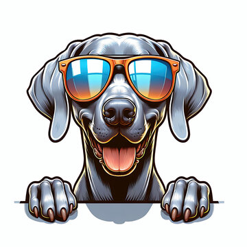 Happy playful weimaraner dog wearing sunglasses and peeking cartoon vector illustration