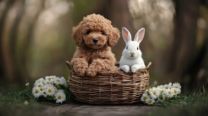 Adorable Toy Poodle Puppy and White Rabbit Resting Together in a Wicker Basket Surrounded by Daisies in a Forest Setting